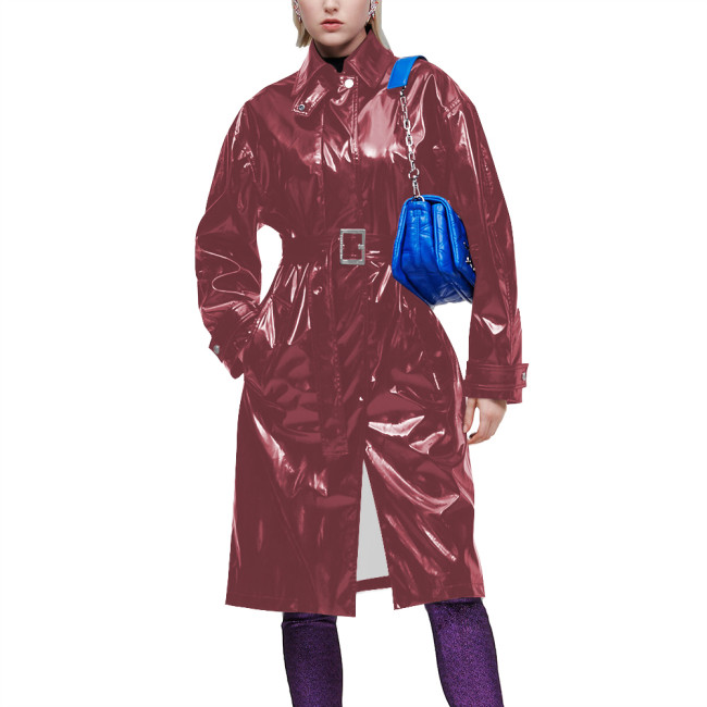 Elegant Turn-down Collar Trench Coats for Women Long Sleeves Punk Slim Fit Jacket with Belt Office Lady Vintage Midi Trench