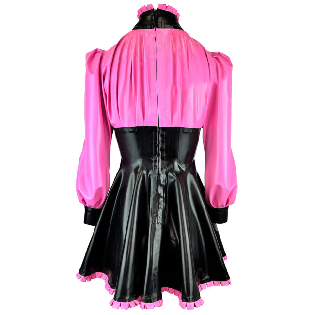 Elegance Long Sleeves PVC Leather Short Birthday Dress for Women High Neck Bow Patchwork Black Mini Dress Revelry Party Vestido