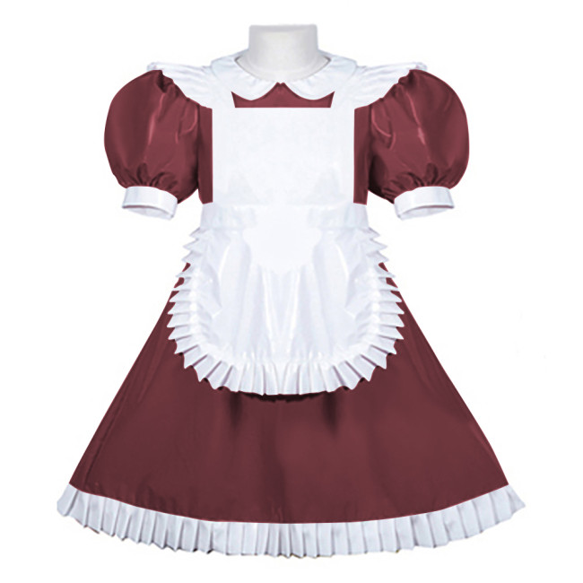 Women PVC Leather Maid Sweet Lolita Dress Sissy Mens Puffed Sleeves Stretch Slim Fit Midi Dress Crossdresser Cosplay Maid Outfit