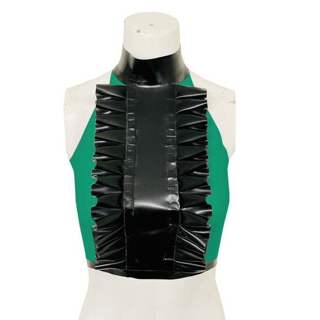 High Neck Ruffled Design Patchwork Black Tank Top Women Faux Latex Bodycon Halter Summer Crop Top PVC Womens Clothing Clubwear