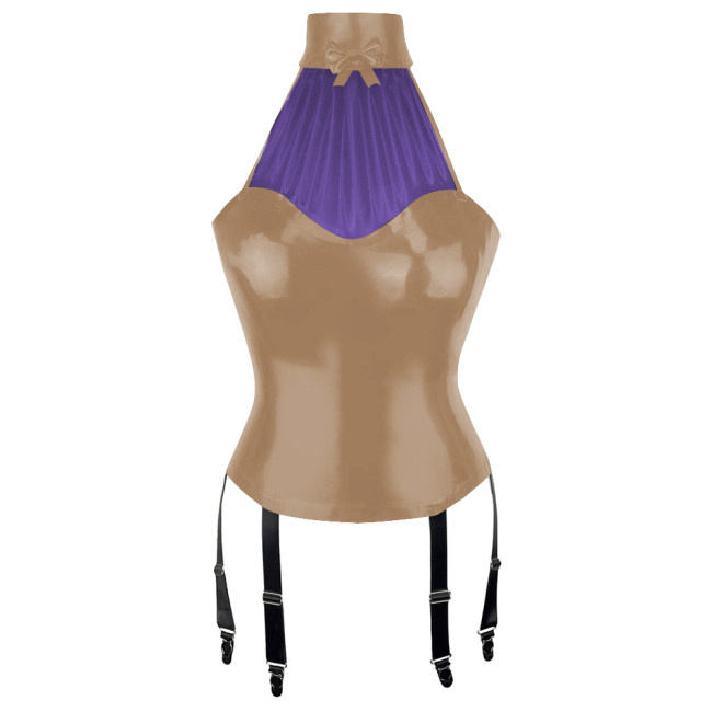 Patchwork Sexy Girl Halter Bodycon Tank Top Women Vinyl PVC Leather Tops with Garter Suspender Wetlook Womens Clothing Clubwear