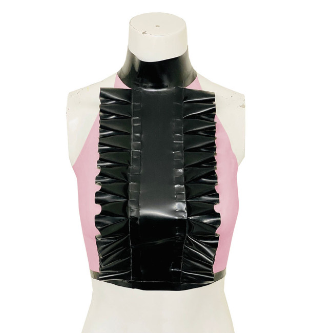 High Neck Ruffled Design Patchwork Black Tank Top Women Faux Latex Bodycon Halter Summer Crop Top PVC Womens Clothing Clubwear