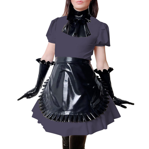 Maid Costume Women PVC Leather Short Sleeve Slim Fit Mini Dress Fetish Maid Cross Dressing Role Play Maid Outfits 7XL