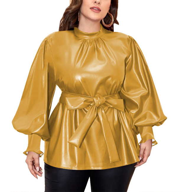 Fashion Long Puff Sleeves Slim Fit PU Blouse with Belt Back Zipper Bodycon Women Tops Vintage Faux Leather Office Ladies Tops
