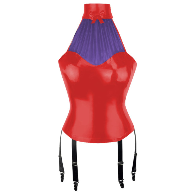Patchwork Sexy Girl Halter Bodycon Tank Top Women Vinyl PVC Leather Tops with Garter Suspender Wetlook Womens Clothing Clubwear
