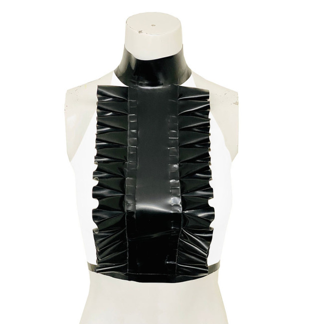 High Neck Ruffled Design Patchwork Black Tank Top Women Faux Latex Bodycon Halter Summer Crop Top PVC Womens Clothing Clubwear