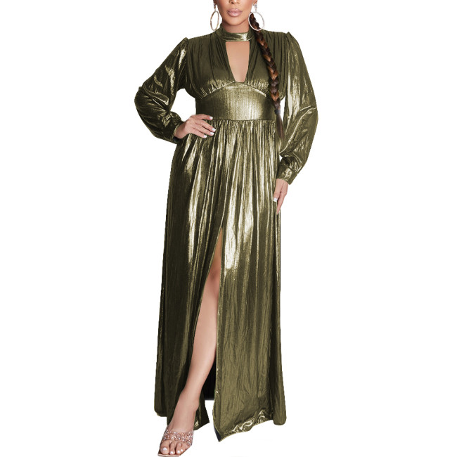 Elegant Evening Gown Shiny Metallic Long Sleeves Robe Argent Dress for Women Sexy A-line Solid Maxi Dress Banquet Party Vestidovening Party Dress