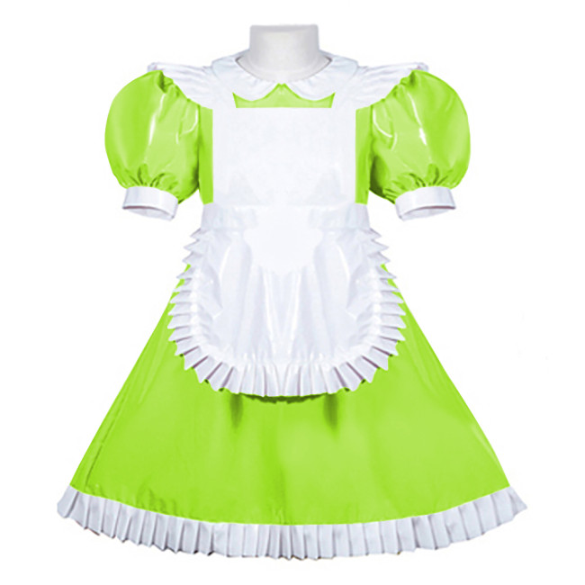 Women PVC Leather Maid Sweet Lolita Dress Sissy Mens Puffed Sleeves Stretch Slim Fit Midi Dress Crossdresser Cosplay Maid Outfit