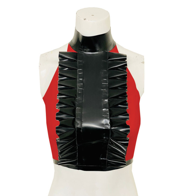High Neck Ruffled Design Patchwork Black Tank Top Women Faux Latex Bodycon Halter Summer Crop Top PVC Womens Clothing Clubwear
