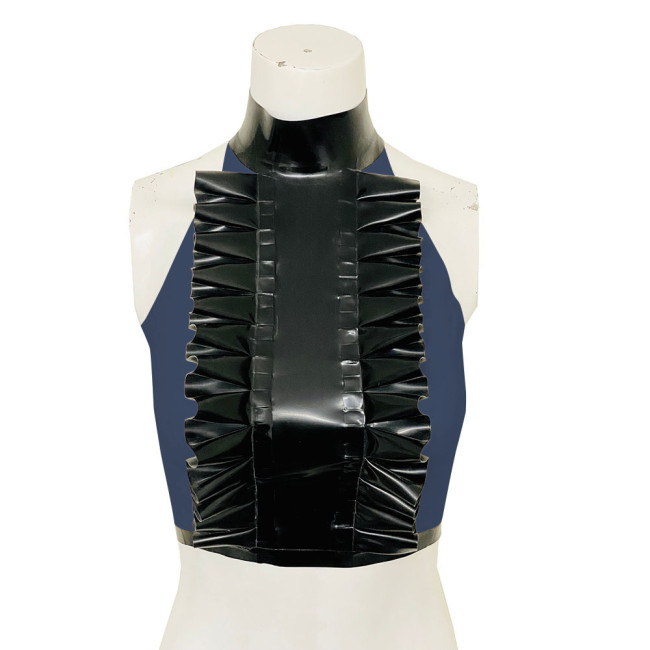 High Neck Ruffled Design Patchwork Black Tank Top Women Faux Latex Bodycon Halter Summer Crop Top PVC Womens Clothing Clubwear