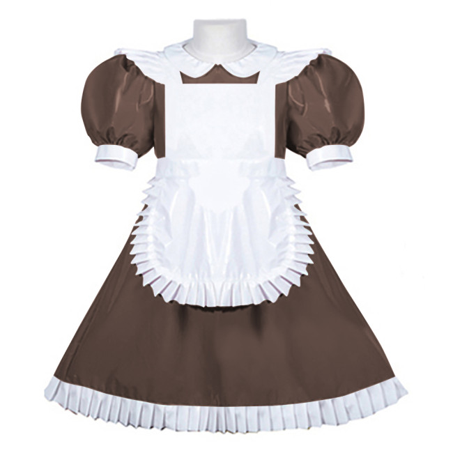 Women PVC Leather Maid Sweet Lolita Dress Sissy Mens Puffed Sleeves Stretch Slim Fit Midi Dress Crossdresser Cosplay Maid Outfit