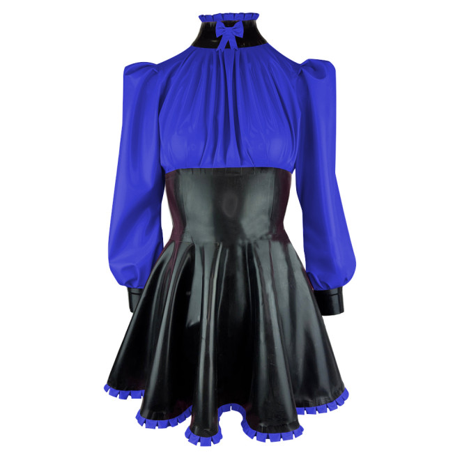 Elegance Long Sleeves PVC Leather Short Birthday Dress for Women High Neck Bow Patchwork Black Mini Dress Revelry Party Vestido