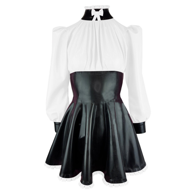 Elegance Long Sleeves PVC Leather Short Birthday Dress for Women High Neck Bow Patchwork Black Mini Dress Revelry Party Vestido