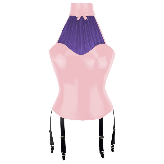 Patchwork Sexy Girl Halter Bodycon Tank Top Women Vinyl PVC Leather Tops with Garter Suspender Wetlook Womens Clothing Clubwear