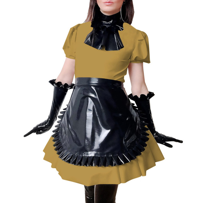 Maid Costume Women PVC Leather Short Sleeve Slim Fit Mini Dress Fetish Maid Cross Dressing Role Play Maid Outfits 7XL