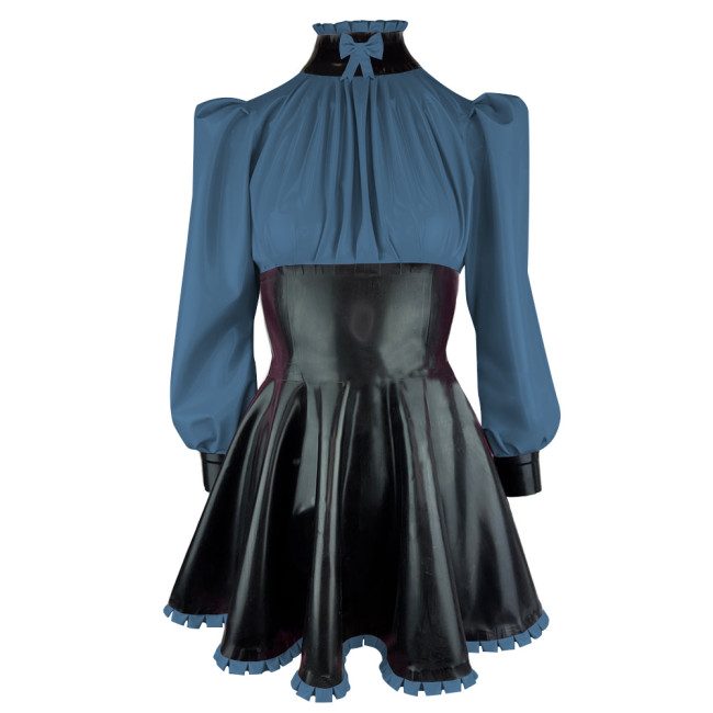 Elegance Long Sleeves PVC Leather Short Birthday Dress for Women High Neck Bow Patchwork Black Mini Dress Revelry Party Vestido