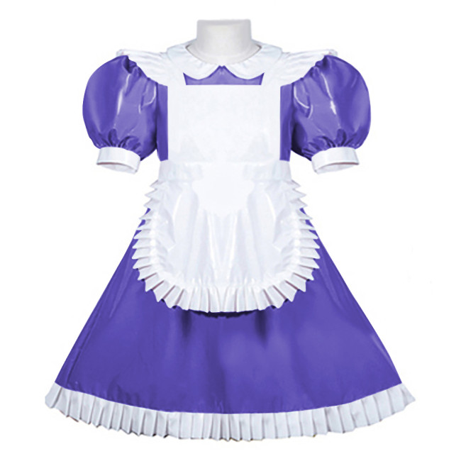 Women PVC Leather Maid Sweet Lolita Dress Sissy Mens Puffed Sleeves Stretch Slim Fit Midi Dress Crossdresser Cosplay Maid Outfit