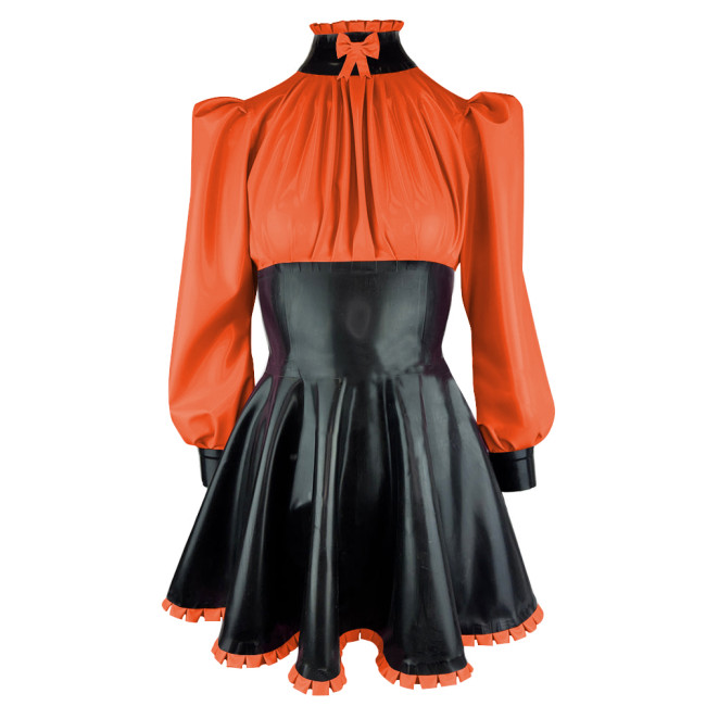 Elegance Long Sleeves PVC Leather Short Birthday Dress for Women High Neck Bow Patchwork Black Mini Dress Revelry Party Vestido