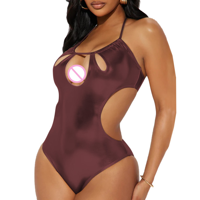 Fetish Lingerie Shiny Metallic Halter Bodycon Bodysuits Backless One Piece Summer Rompers Beach Stretch Slim Sexy Girls Outfits