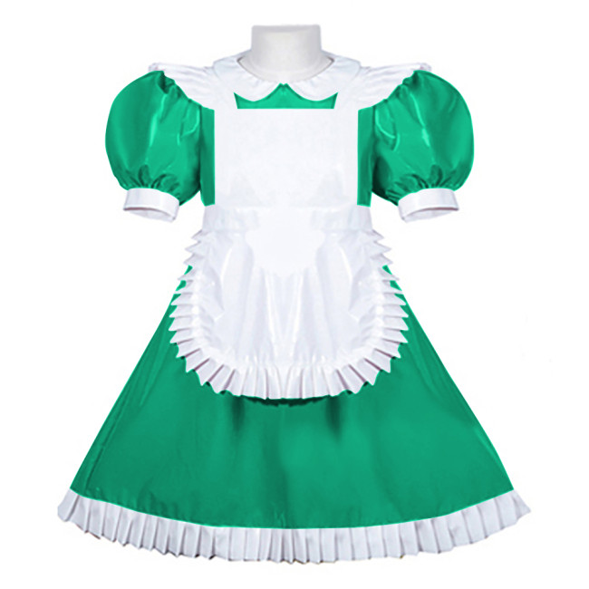 Women PVC Leather Maid Sweet Lolita Dress Sissy Mens Puffed Sleeves Stretch Slim Fit Midi Dress Crossdresser Cosplay Maid Outfit