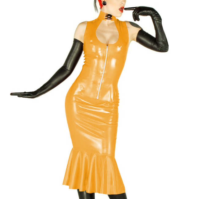 New Sexy Womens 2 Pieces Suits Vinyl Sleeveless Hollow Out Top and Midi Mermaid Skirts Wetlook PVC Leather Slim Party Dress Sets