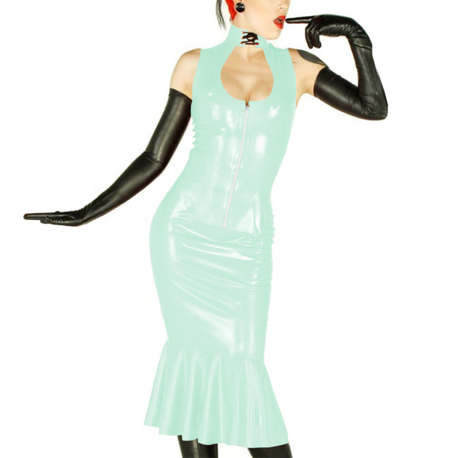 New Sexy Womens 2 Pieces Suits Vinyl Sleeveless Hollow Out Top and Midi Mermaid Skirts Wetlook PVC Leather Slim Party Dress Sets