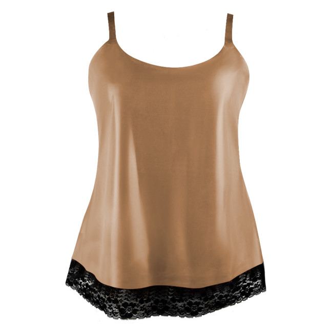 Wetlook Camisole Lace Design Summer Women Tops Faux Latex Sexy Spaghetti Strap Back Zip Y2k Tank Top Outdoor Clothes Daily Wear