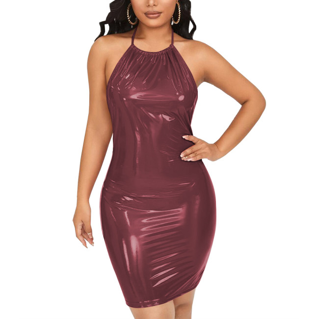Sexy Halter Backless Bodycon PVC Leather Summer Dress Women Tight Solid Sleeveless Hip Wrap Mini Dress Party Retro Beach Dress