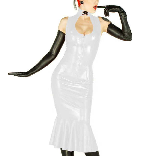 New Sexy Womens 2 Pieces Suits Vinyl Sleeveless Hollow Out Top and Midi Mermaid Skirts Wetlook PVC Leather Slim Party Dress Sets