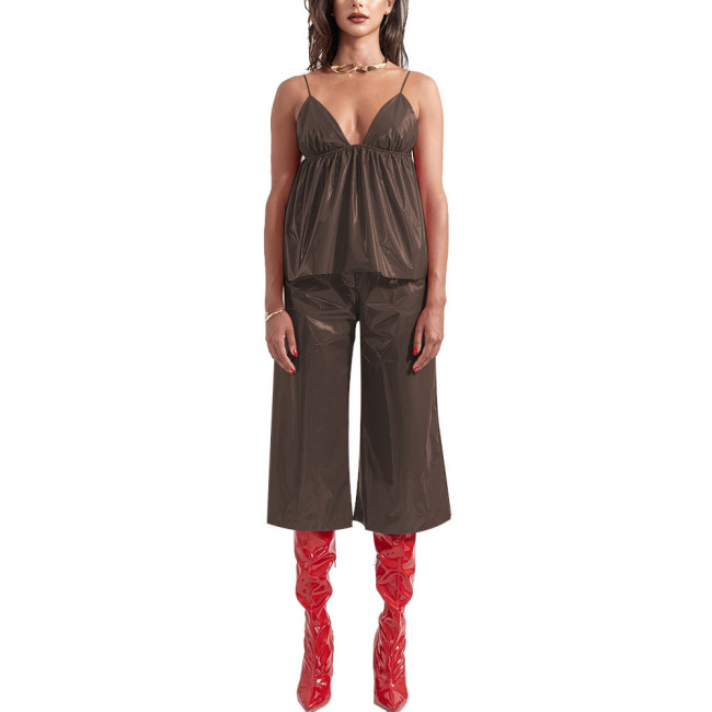Ladies Vinyl PVC Leather Sling Vest Pants Two-Piece Set Streetwear Sleeveless Suspender V-neck Top with Wide-Leg Pants Suit