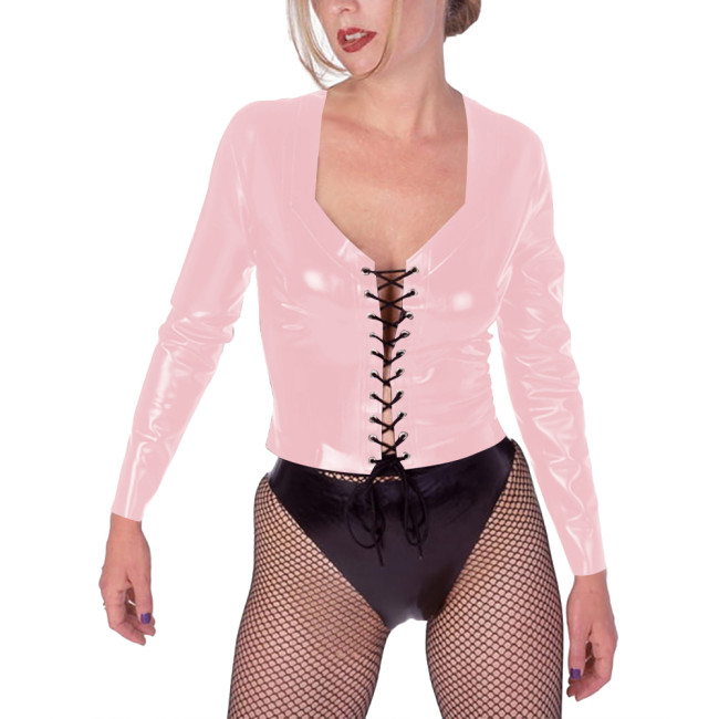 Womens Vinyl PVC Leather Tops Sexy Fashion Hollow Hole Strap Cross T-shirts Long Sleeved Wetlook Clubwear for Party Nightclub