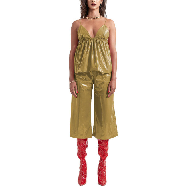 Ladies Vinyl PVC Leather Sling Vest Pants Two-Piece Set Streetwear Sleeveless Suspender V-neck Top with Wide-Leg Pants Suit