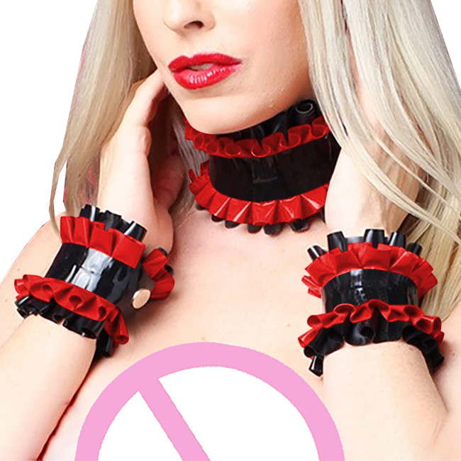 Lolita Wrist Cuffs and Collars Shiny PVC Leather Ruffles Pleated Cuffs Chokers Crossdresser Halloween Cosplay Maid Accessories