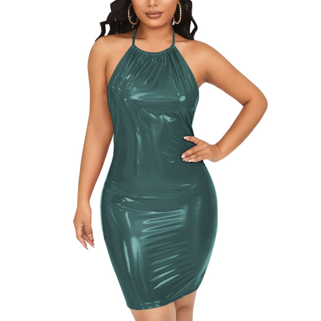 Sexy Halter Backless Bodycon PVC Leather Summer Dress Women Tight Solid Sleeveless Hip Wrap Mini Dress Party Retro Beach Dress
