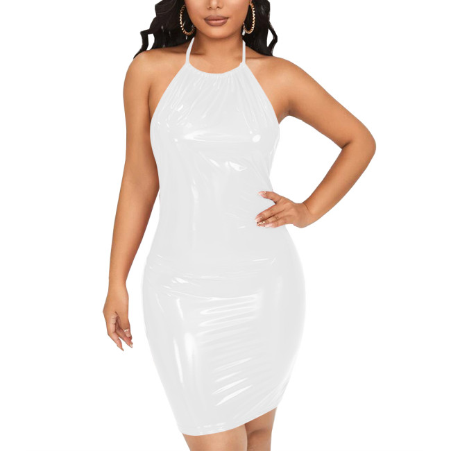 Sexy Halter Backless Bodycon PVC Leather Summer Dress Women Tight Solid Sleeveless Hip Wrap Mini Dress Party Retro Beach Dress