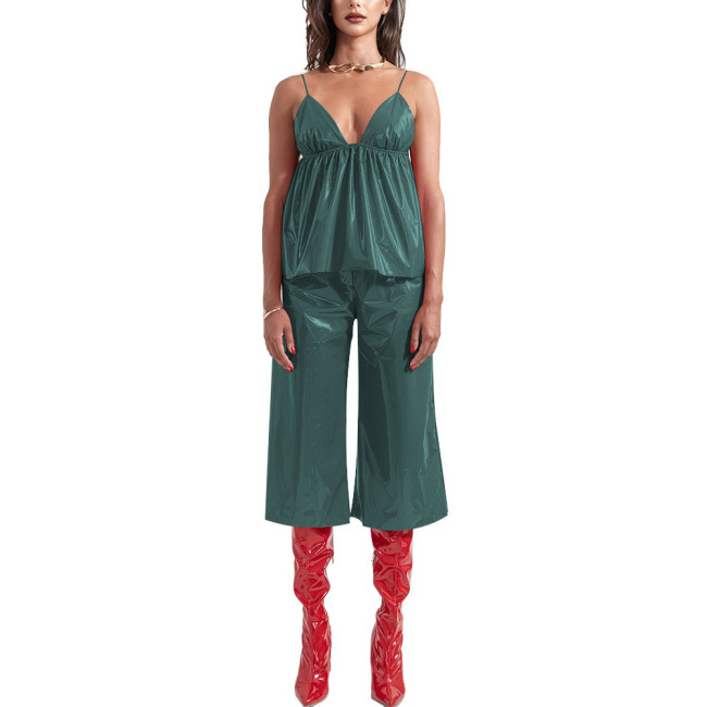 Ladies Vinyl PVC Leather Sling Vest Pants Two-Piece Set Streetwear Sleeveless Suspender V-neck Top with Wide-Leg Pants Suit