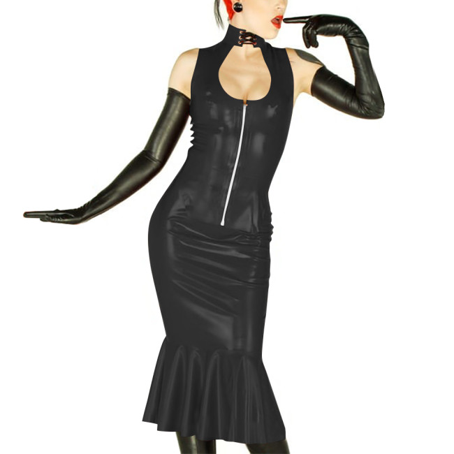 New Sexy Womens 2 Pieces Suits Vinyl Sleeveless Hollow Out Top and Midi Mermaid Skirts Wetlook PVC Leather Slim Party Dress Sets