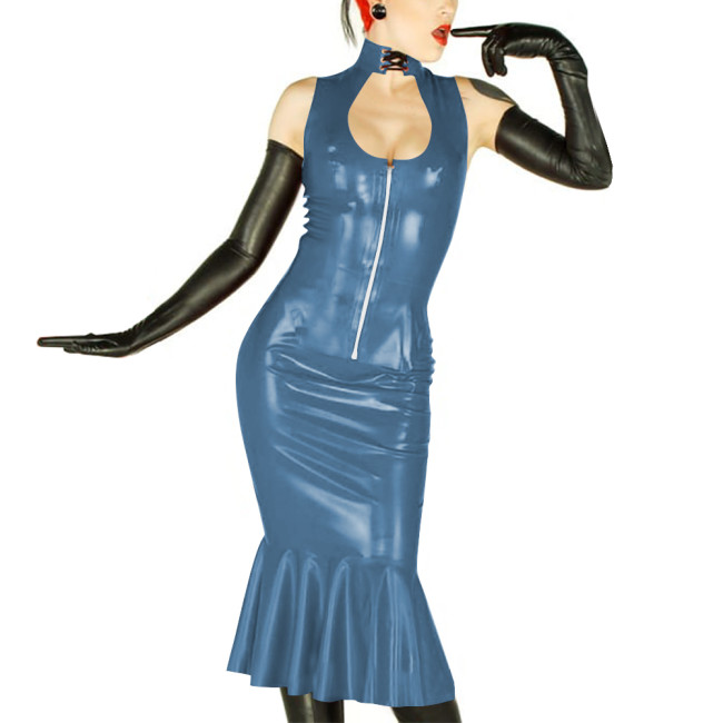 New Sexy Womens 2 Pieces Suits Vinyl Sleeveless Hollow Out Top and Midi Mermaid Skirts Wetlook PVC Leather Slim Party Dress Sets