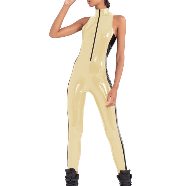 Punk Sleeveless Black Patchwork Jumpsuit Womens Sexy Casual Street Wetlook Catsuit Front Zipper Glossy PVC Leather Rompers Party