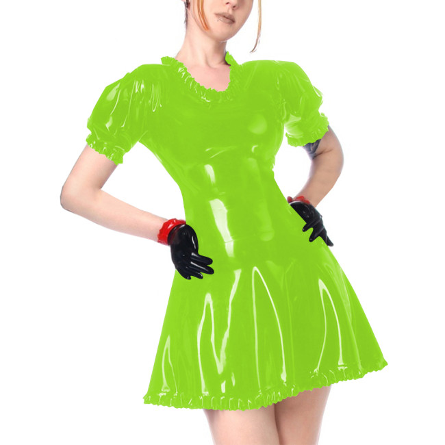 Faux Leather Summer Dress for Women Short Sleeve Slim Waist PVC Sexy Mini Dress High Street Revelry Party Dress Solid Vestido