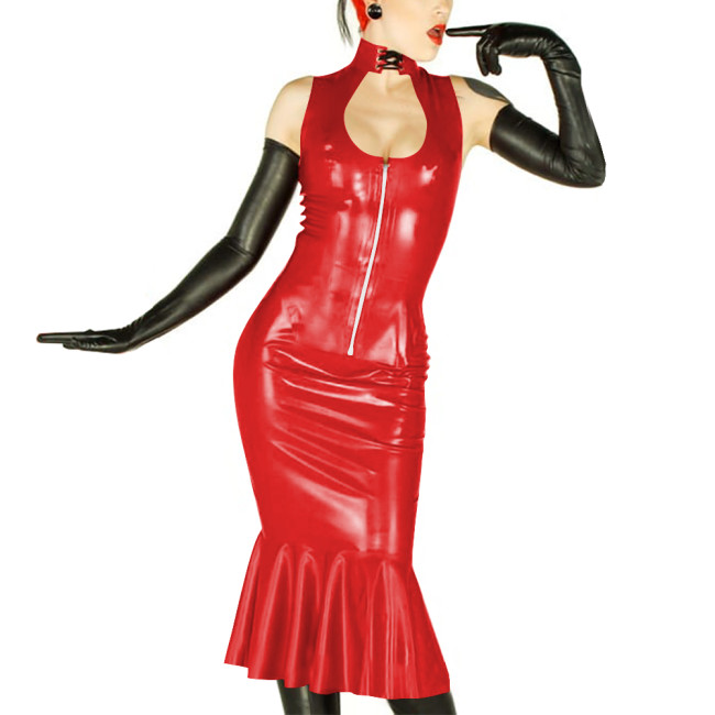 New Sexy Womens 2 Pieces Suits Vinyl Sleeveless Hollow Out Top and Midi Mermaid Skirts Wetlook PVC Leather Slim Party Dress Sets