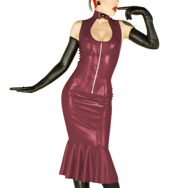 New Sexy Womens 2 Pieces Suits Vinyl Sleeveless Hollow Out Top and Midi Mermaid Skirts Wetlook PVC Leather Slim Party Dress Sets