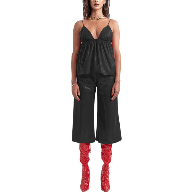 Ladies Vinyl PVC Leather Sling Vest Pants Two-Piece Set Streetwear Sleeveless Suspender V-neck Top with Wide-Leg Pants Suit