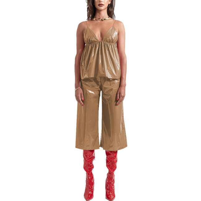 Ladies Vinyl PVC Leather Sling Vest Pants Two-Piece Set Streetwear Sleeveless Suspender V-neck Top with Wide-Leg Pants Suit