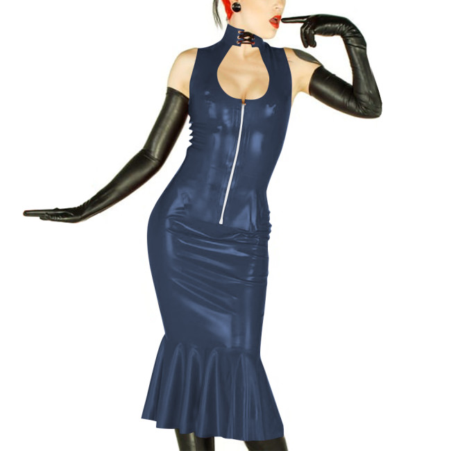 New Sexy Womens 2 Pieces Suits Vinyl Sleeveless Hollow Out Top and Midi Mermaid Skirts Wetlook PVC Leather Slim Party Dress Sets