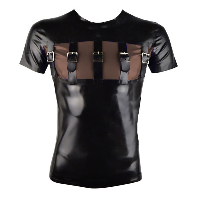 Fashion Punk Buckle Front PVC Shiny Top Vinyl Faux Leather Short Sleeves T-shirts Patchwork Round Collar Slim Tee Tops Clubwear