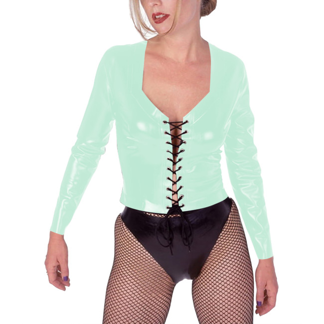 Womens Vinyl PVC Leather Tops Sexy Fashion Hollow Hole Strap Cross T-shirts Long Sleeved Wetlook Clubwear for Party Nightclub