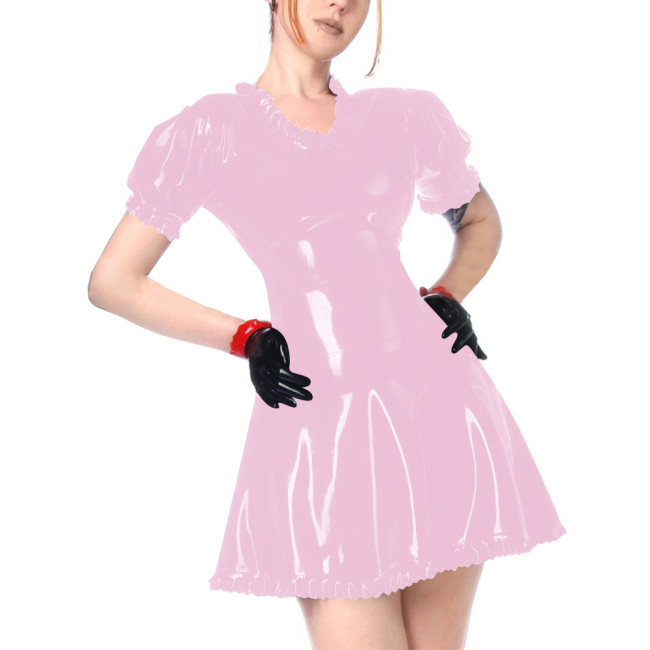 Faux Leather Summer Dress for Women Short Sleeve Slim Waist PVC Sexy Mini Dress High Street Revelry Party Dress Solid Vestido