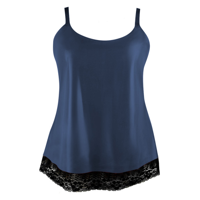 Wetlook Camisole Lace Design Summer Women Tops Faux Latex Sexy Spaghetti Strap Back Zip Y2k Tank Top Outdoor Clothes Daily Wear