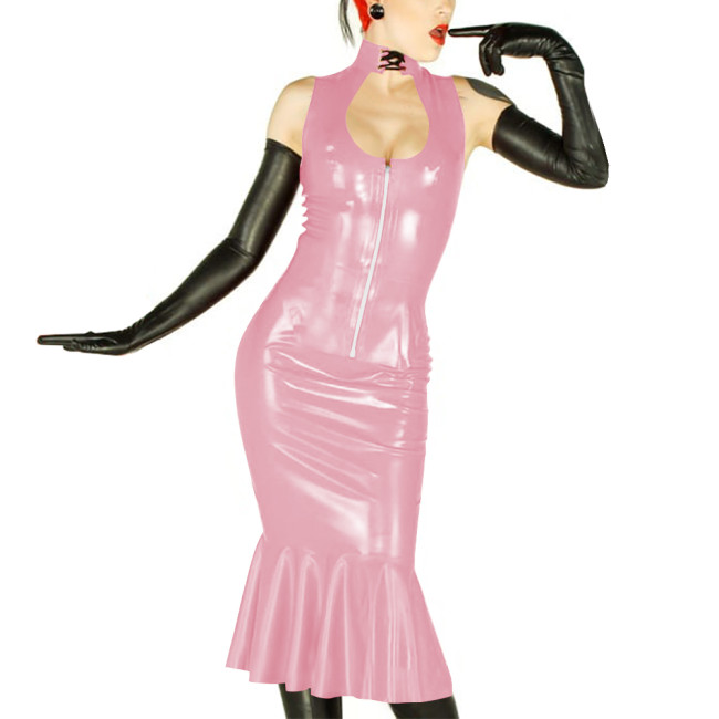New Sexy Womens 2 Pieces Suits Vinyl Sleeveless Hollow Out Top and Midi Mermaid Skirts Wetlook PVC Leather Slim Party Dress Sets